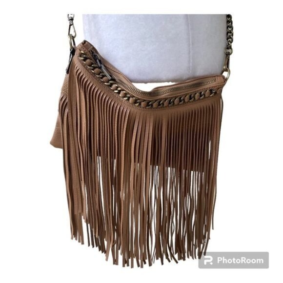 NWT NEW Brown Tan Beige Fringe Crossbody Purse Bag Chain Strap Boho Vibes - Picture 1 of 12